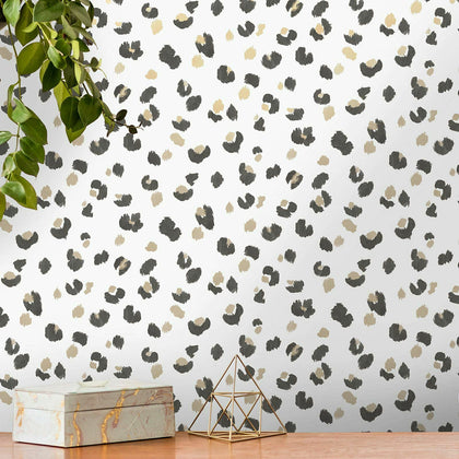 Leopard Spots White/Gold/Black WOW039 Metallic Animal Print Wallpaper