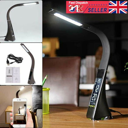 LED Dimmable Reading Bedside Lights Table Desk Light Calendar Clock Touch Adjust