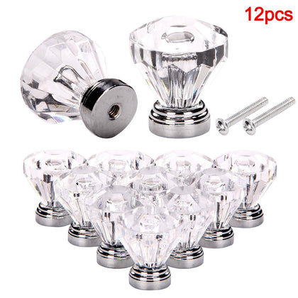 New 12x Clear Diamond Crystal Glass Door Knobs Drawer Wardrobe Cabinet Handles