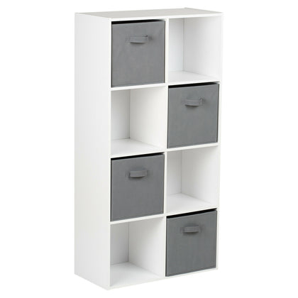 HARTLEYS WHITE 8 CUBE MODULAR SHELVING DISPLAY UNIT 4 x GREY FABRIC STORAGE BOX