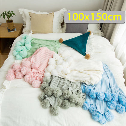 Knitted Soft Pom Pom Knit Throw Blanket Kids Baby Throw Bed Sofa Rug Mat Warm