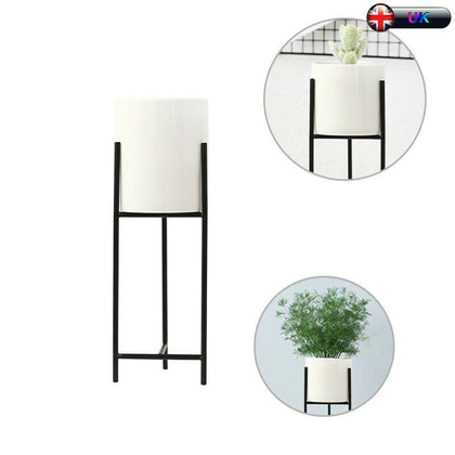 Ceramic Flower Pot Vase With Metal Rack Stand Garden Plant Planter Holder