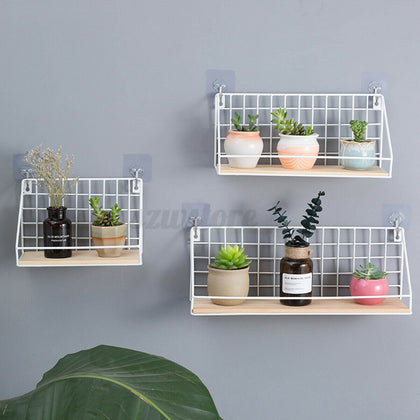 3PCS Vintage Wall Shelf Mounted Unit Metal Wire Wood Rack Storage Display Decor
