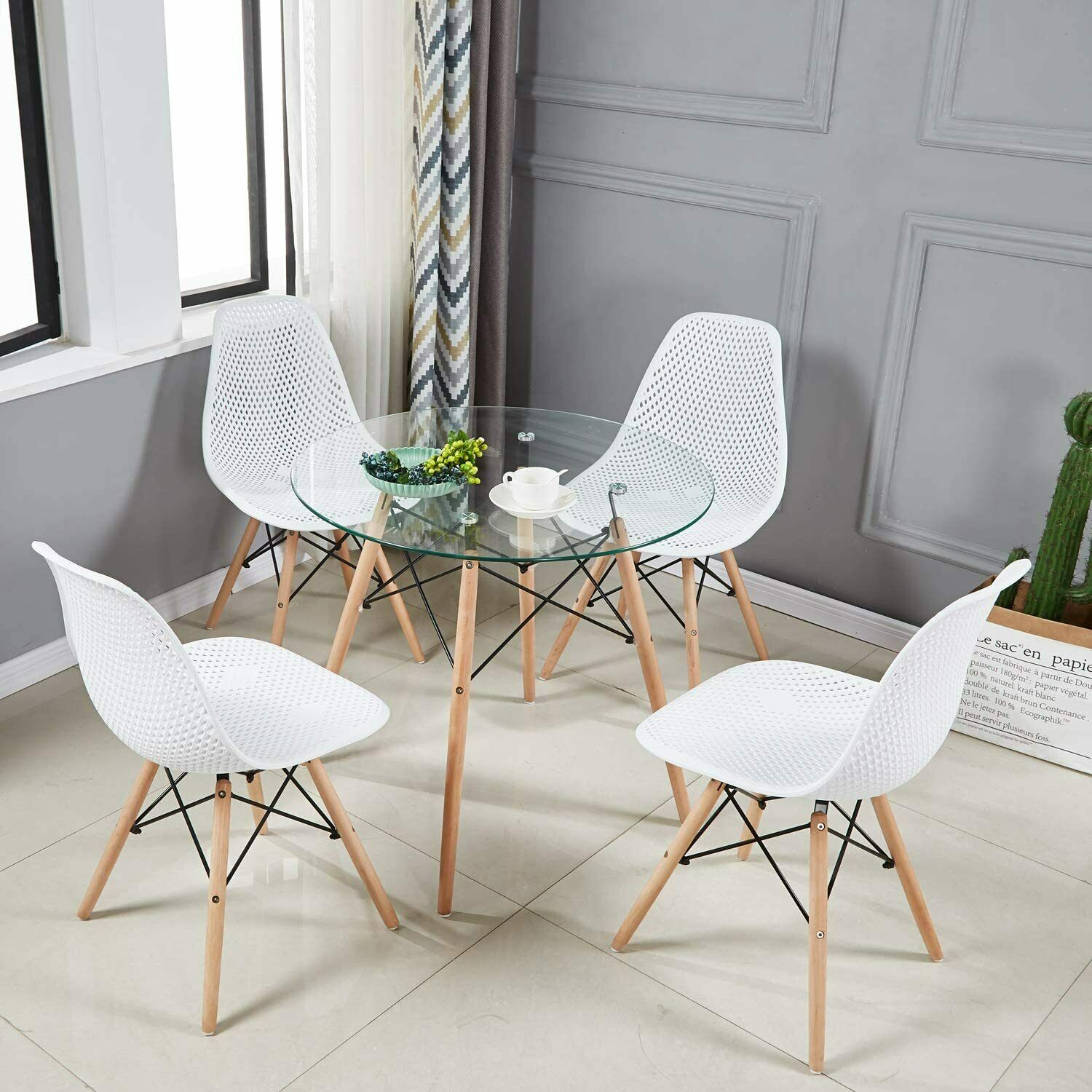 Round Dining Table, Scandinavian Glass Top Kitchen Table with Solid Beech Legs