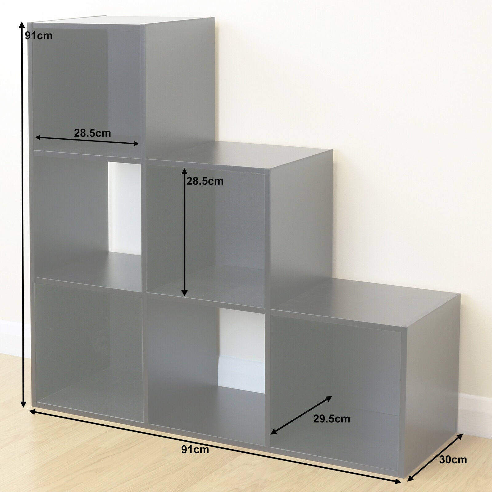 Black 6 Cube Kids Toy/Games Storage Unit Girls/Boys Bedroom Shelves 3 Grey Boxes