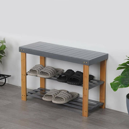 Grey 3Tier Bamboo Shoe Rack Hallway Storage Organiser Holder Stand Seating Bench