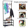 Metal Hat & Coat Stand Clothes Shoe Rack Rail Hanger 14 Hooks Shelf Black