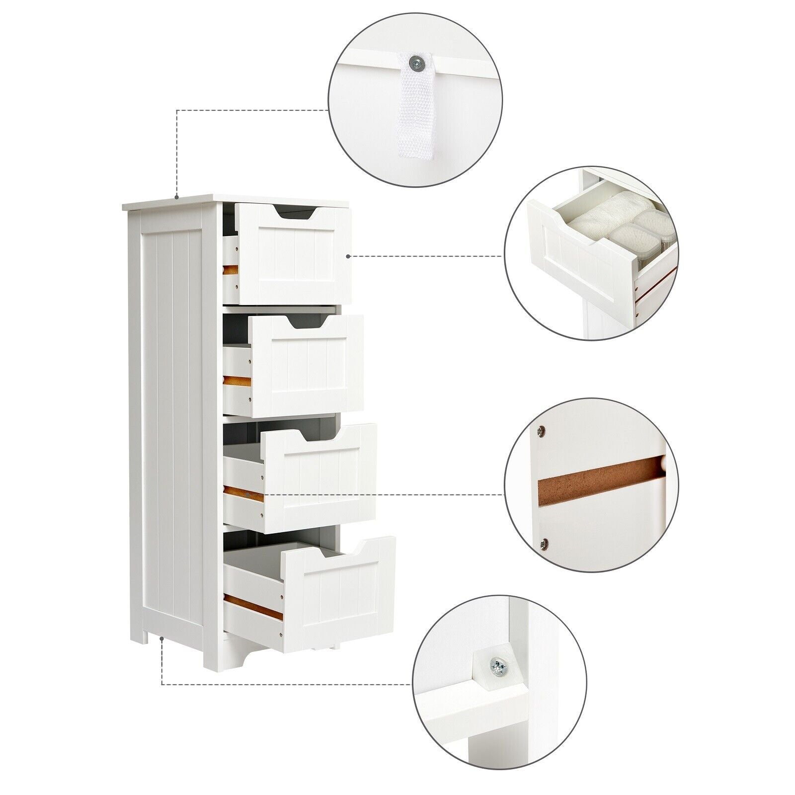 Mondeer 4 Drawers Bathroom Cabinet Wooden Chest Storage Cupboard White Quildinc