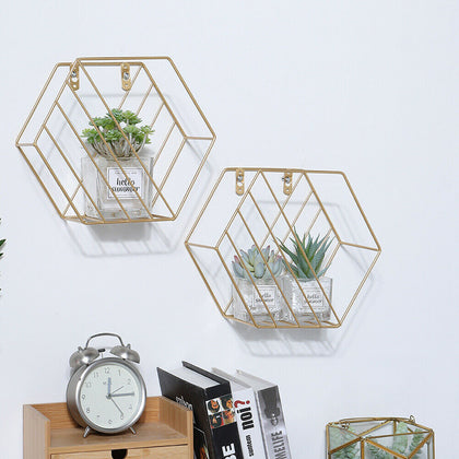2x Hexagon Metal Wire Wall Shelf Home Decor Magazine Storage Floating Shelf Gold