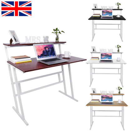 White Folding Computer Desk,Study Writing Table 2 Tier Shelf Storage Home Office