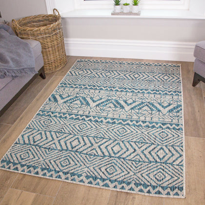 Moroccan Blue Geometric Flatweave Rug Easy Clean Pet Friendly Indoor Outdoor Rug