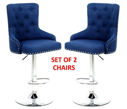 Blue Bar stools, 2 X Blue Linen Button Detail Premium Monteray swivel Barstools