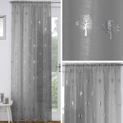 Grey Voile Curtain Silver Metallic Trees Slot Top Panels Rod Pocket Sheer Voiles
