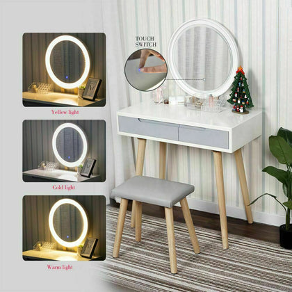 Dressing Table LED Light Mirror Makeup Desk Vanity Set 2 Drawers Stool Organizer
