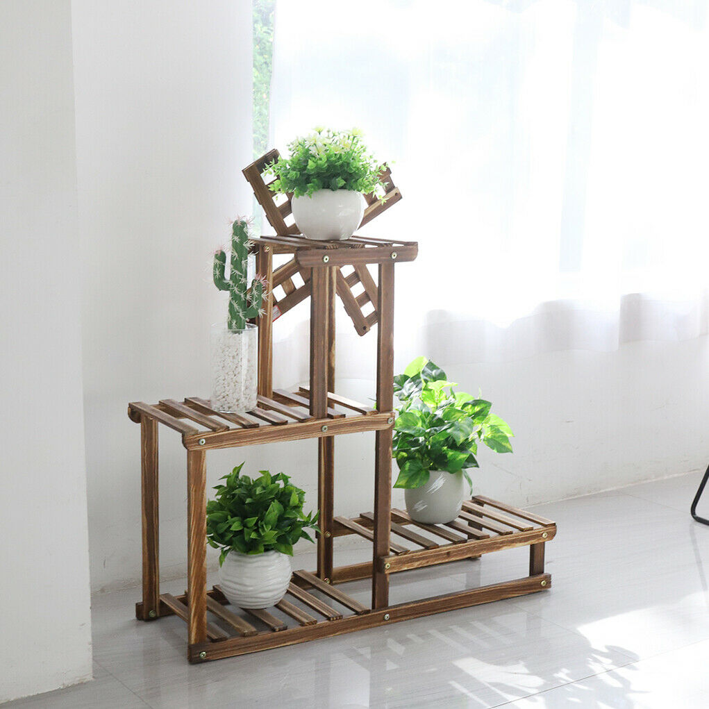 4 Tiers Flower Rack Wood Plant Stand Bonsai Display Shelf With Dutch Windmill
