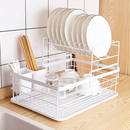 2 Tier White Plate Dish Cutlery Cup Drainer Rack Drip Tray Plates Holder Kitchen