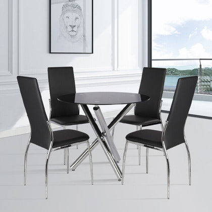 Black Glass Dining Table with Chairs Faux Leather Seat Kitchen Table Chair Set