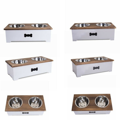 Luxury Dog Food Feeding Stand Station Stainless Double Raised Bowls Wooden