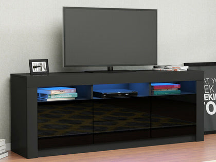 Modern TV Unit Cabinet Stand - Black Matt Body & High Gloss Doors RGB LED Light