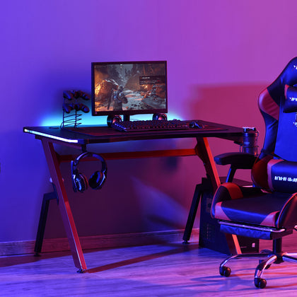 HOMCOM Ergonomic Gaming Desk with Hook Cup Holder LED & Cable Management