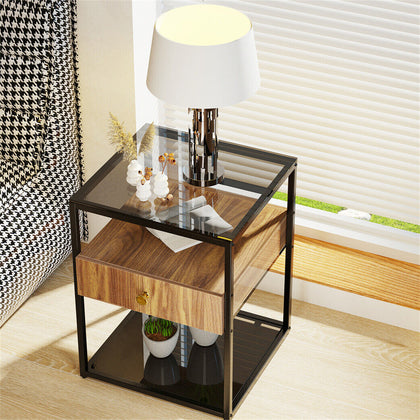 Industrial Metal Bedside Table Nightstand End Table Storage Shelves with Drawer