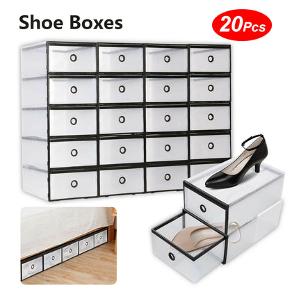 20x Stackable Plastic Shoe Storage Boxes Drawer Clear Foldable Durable Organiser
