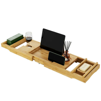 Bath Tray Bath Caddy Extendable Adjustable Bridge Bamboo Wood Over Bathtub Tray