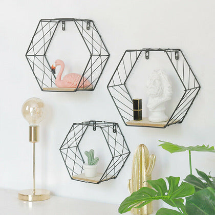 Modern Geometric Hexagon Metal Wire Wall Shelf Unit Storage Holder Wood Rack