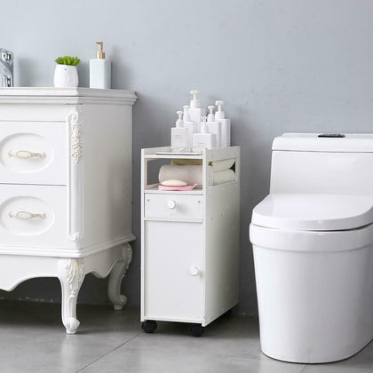 White Bathroom Cabinet Toilet Paper Holder Storage Shelf Cupboard