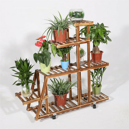 Portable Rolling Wooden Plant Stand Multi-Layer Flower Display Shelf Storage UK