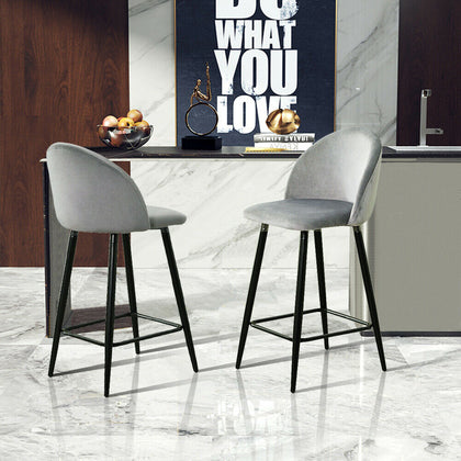 2× Grey Kitchen Breakfast Bar Stools Velvet Padded Seat Metal Legs Modern Pub