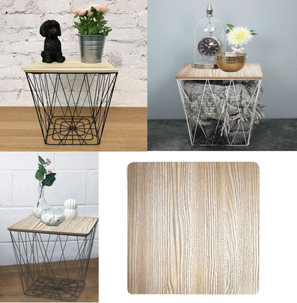 Square metal wire coffee side table geometric iron storage basket natural wooden