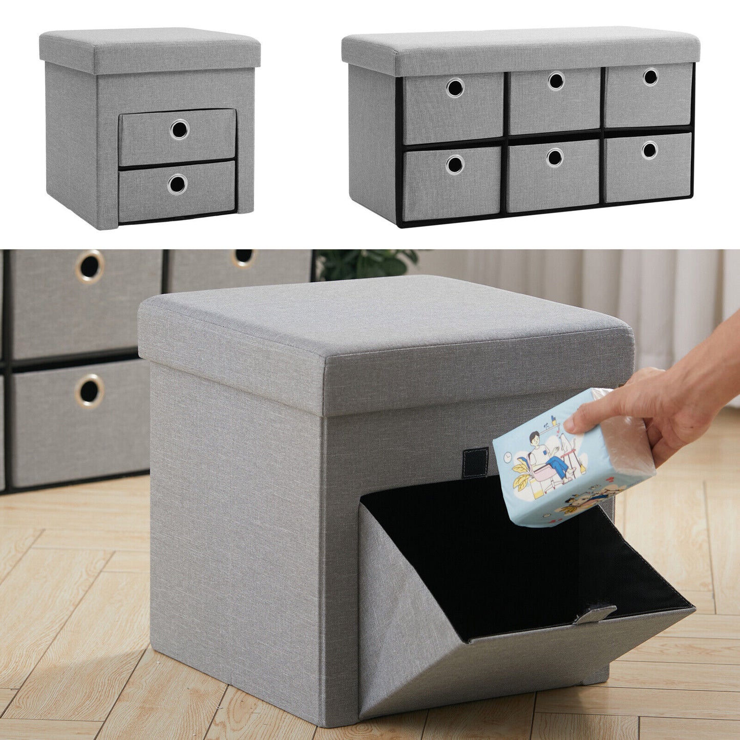 Linen Storage Stool Trunk Ottoman Pouffe Seat Footstool Chair Rect Box ChestGrey