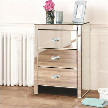 Mirror Glass Bedside Table Cabinet With 3 Drawer Bedroom Furniture Night Tables