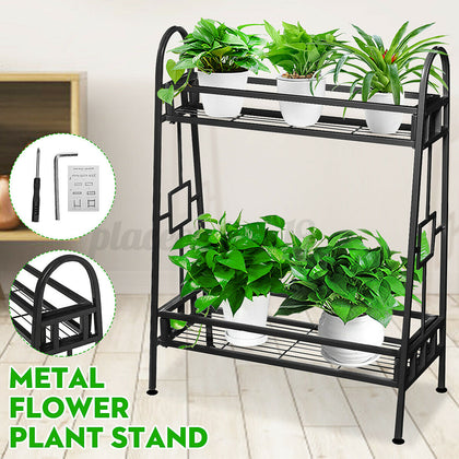 2 Tier Metal Planter Flower Stand Holder Display Rack Shelf Home Garden Outdoor