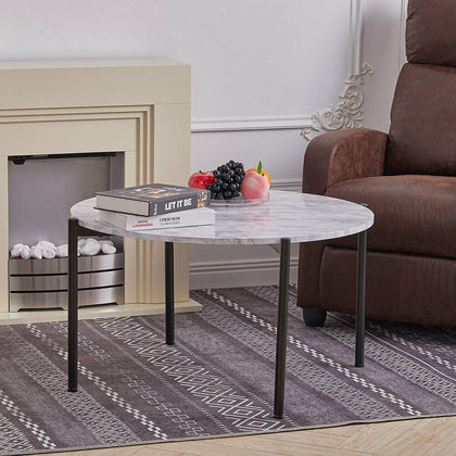 Round Coffee Table Marble Effect Living Room Sofa Side Table With Metal Legs