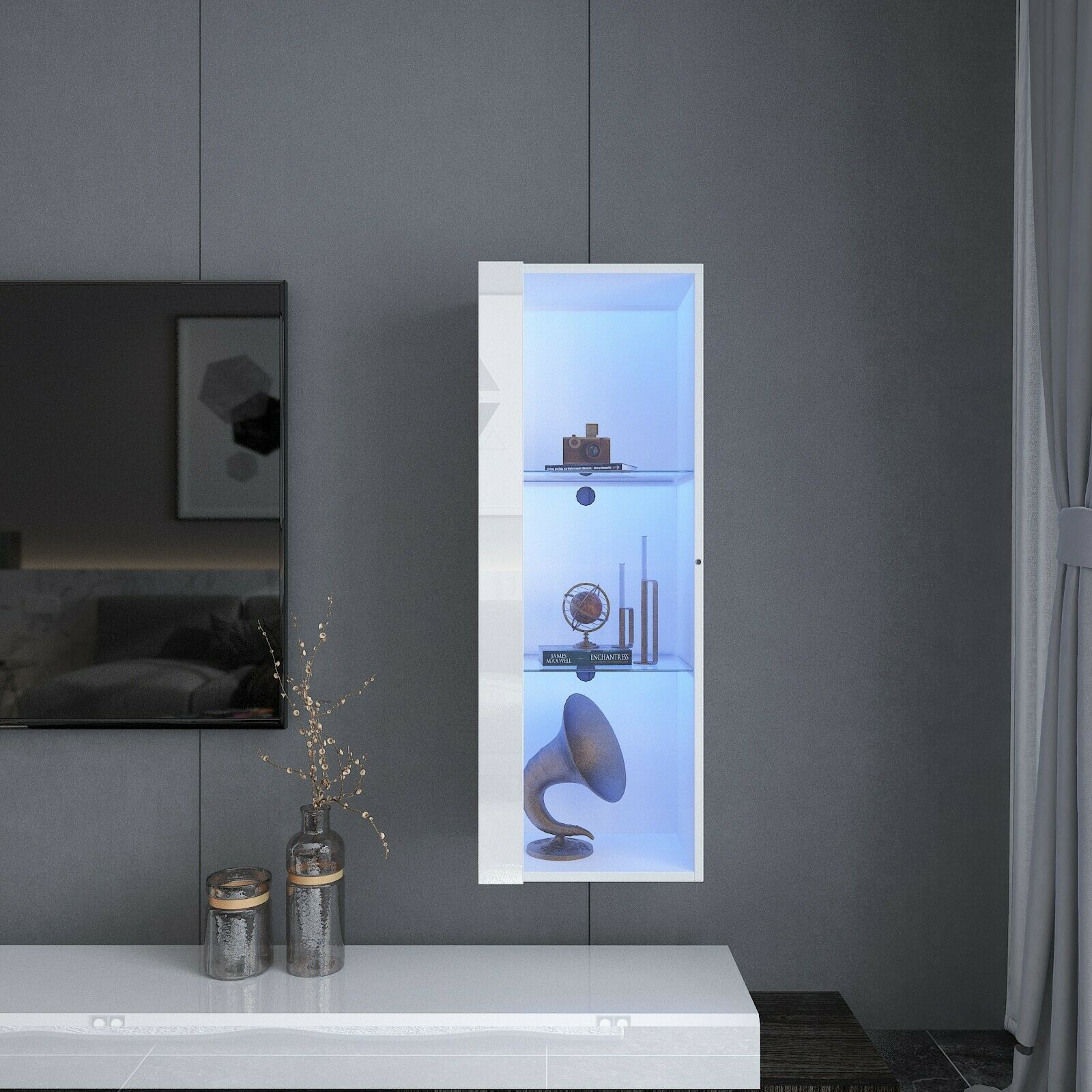 Floating Led Display Modern High Gloss & Matt Floating Display Cabinet Wall Shelf Unit LED ...