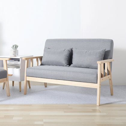 Modern 2 Seater Armchair Couch Sofa Wooden Fabric Linen w/cushion Lounge Grey