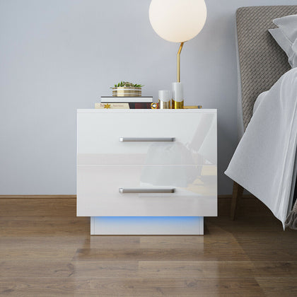 White Bedside Table Cabinet Nightstand High Gloss Chest Drawers Blue LED Light