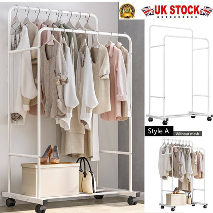 MOBILE DOUBLE CLOTHES RAIL COAT GARMENT HANGING RAIL RACK STORAGE STAND & WHEELS