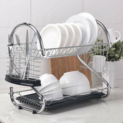 2-Tier Stainless Steel Dish Drying Rack Cup Holder and Dish Drainer for Kitchen