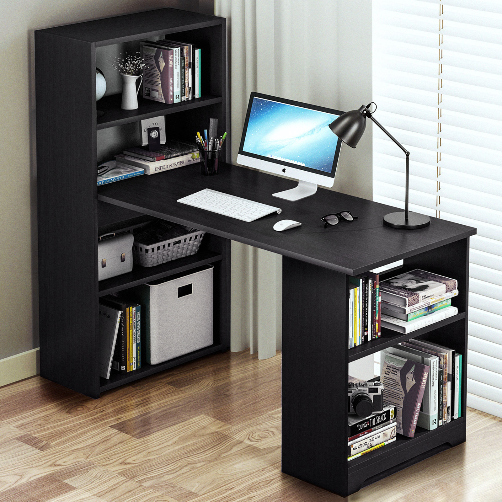Black Computer Desk With Shelves Laptop Study Pc Table Home Office