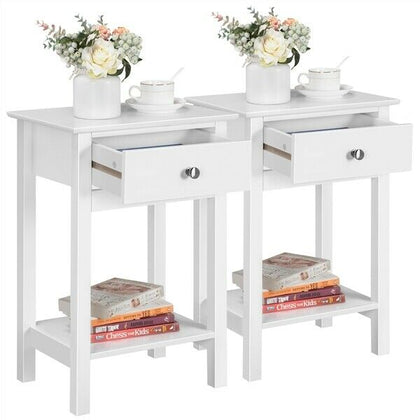 Bedside Tables 2PCs White Nightstands Bedside Cabinets with Shelf & Drawer Home