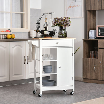 Kitchen Storage Trolley Cart Unit w/ Wood Top Shelves Cupboard Drawer Rail White