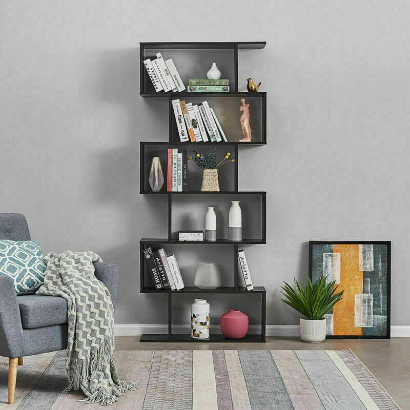 Black Bookcase 6 Tier S Shape Free Standing Storage Unit Bookshelf Shelves