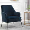 Blue Velvet Rounded Armchair Black Metal Legs Modern Living Room Padded Seat