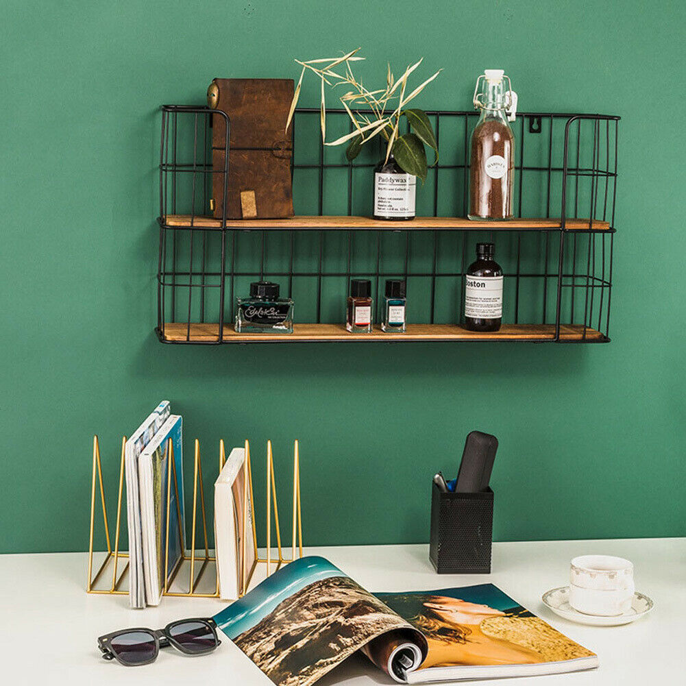 2 Tier Wall Mounted Metal Wire Wood Shelf Floating Shelves Kitchen Storage Rack