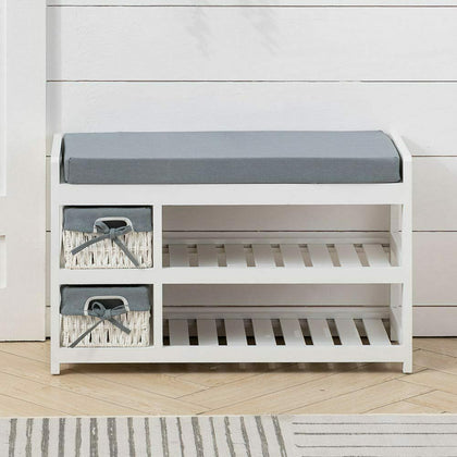 2 Tier Shoe Rack Footwear Stand Padded Seat Storage Bench Woven Baskets Entrance