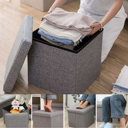 LARGE LINEN FOLDING STORAGE OTTOMAN POUFFE SEAT FOOT STOOL STORAGE BOX GREY UK