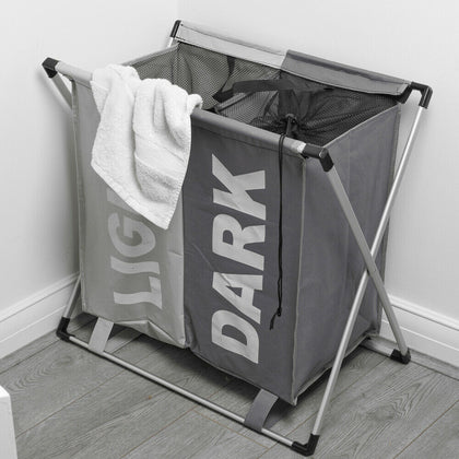 Large 2 Section Laundry Washing Clothes Bag Hamper Sorter Folding Organiser Rack